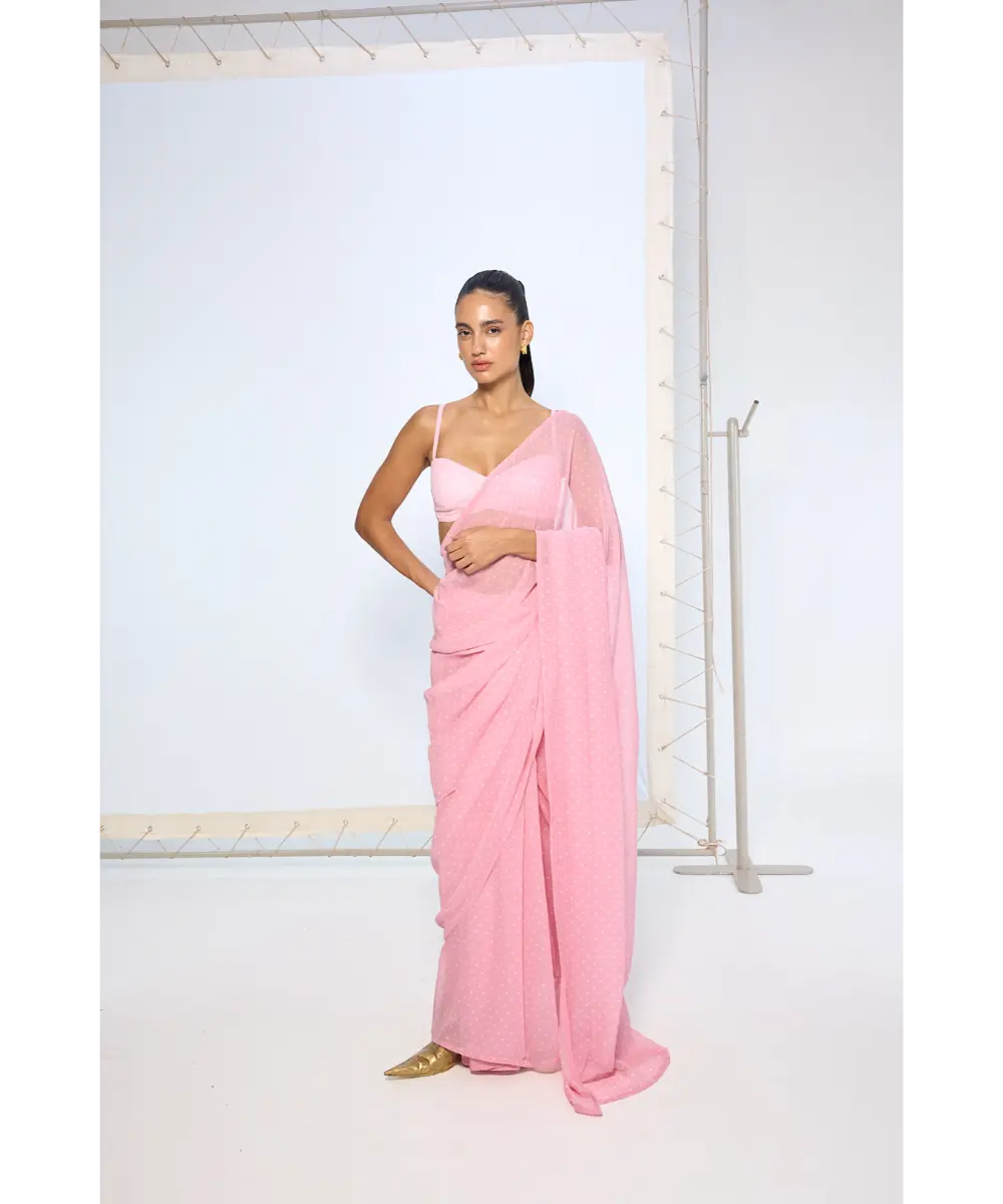 EKAYA BANARAS - Strawberry Pink Polka Dotted Saree